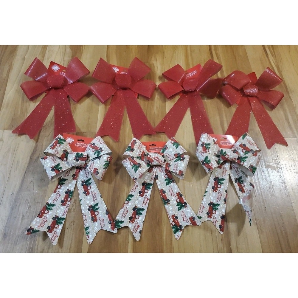 Christmas House Bows Lot Red Sparkle Red Trucks Lot Of 7